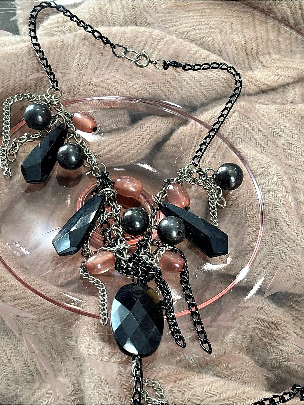 Statement Beaded Pendant Necklace Black & Pink Like New